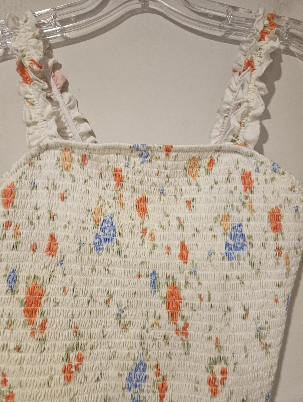 SO White Smocked Floral Ruffle-Trim Crop Top, Size Medium - Picture 2 of 4